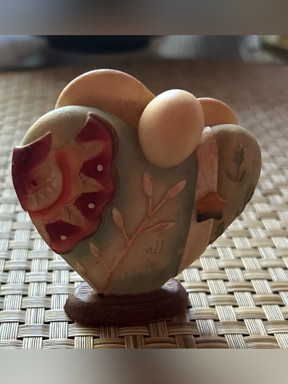Enesco pastel heart figurine with cream egg and red floral accent 3”X3”
